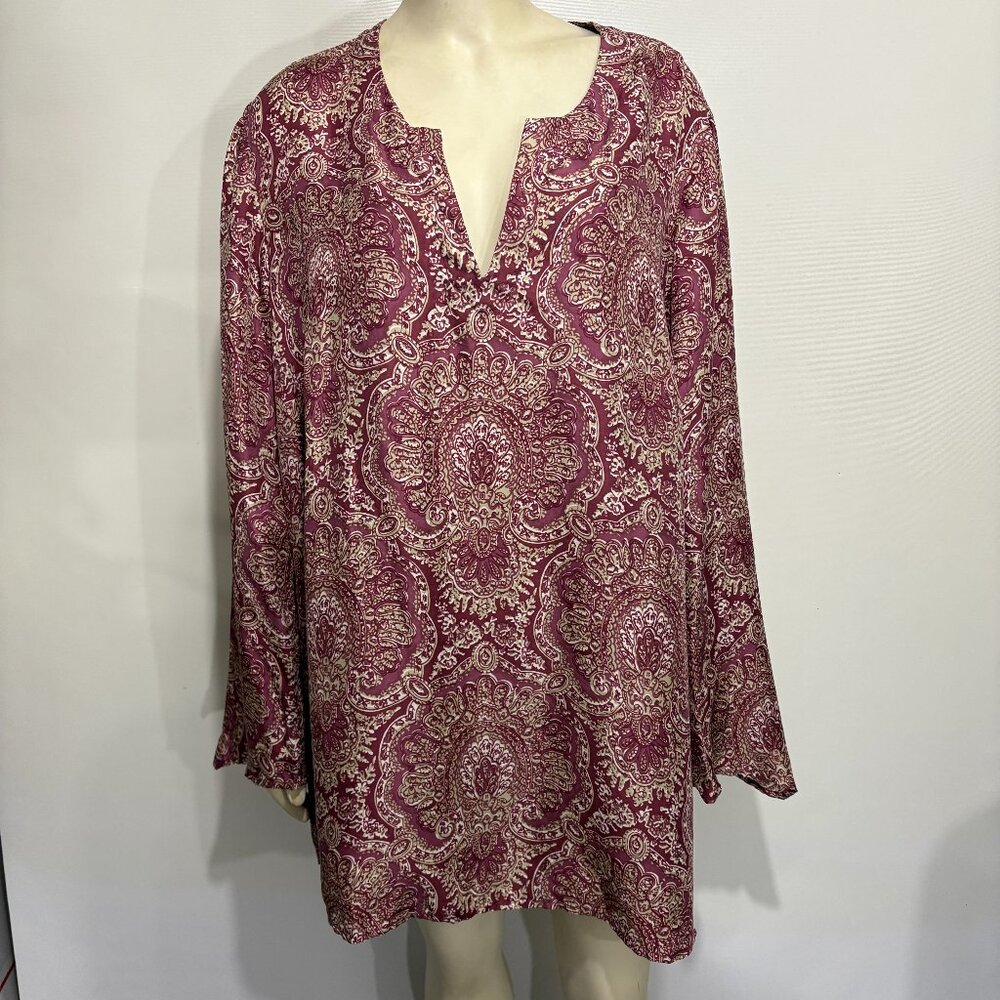 Lane Bryant 22/24 Rose Green Long-Sleeve Silk Tunic Top Pullover